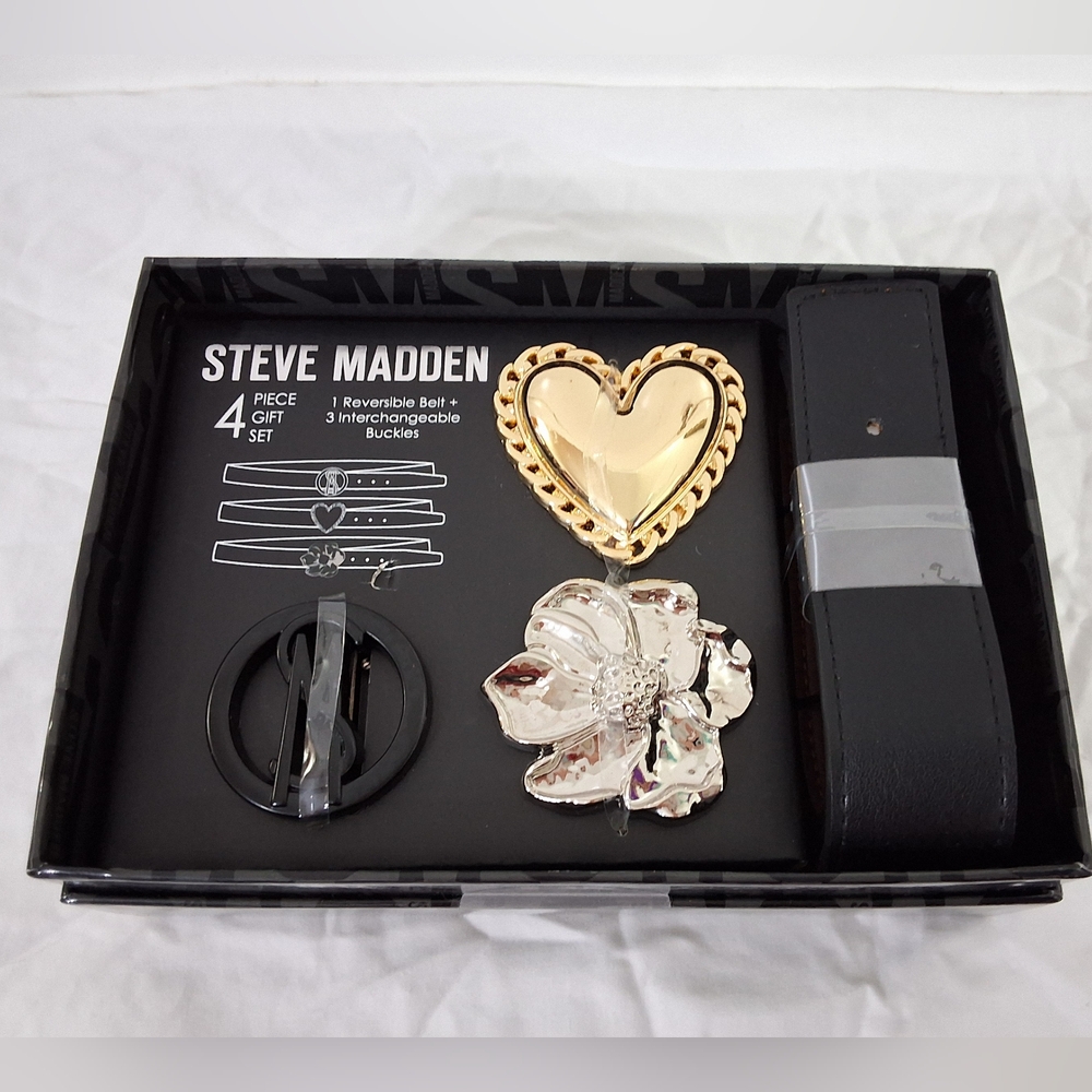 NEW Steve Madden Black/Cognac Reversible Belt & 3 Interchangeable Buckles, S/M